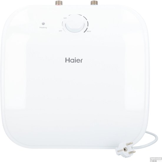 Witte Haier boiler met regelknop, indicatielampje en stekker.