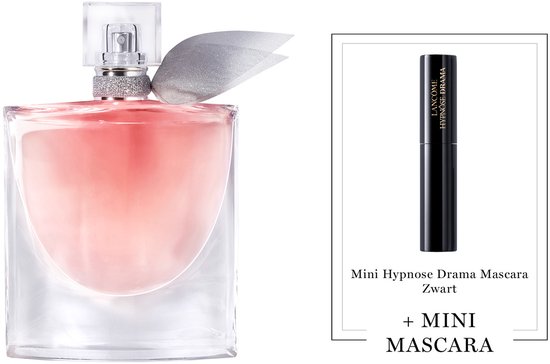 Lancôme La Vie est Belle Eau de Parfum 75ml met roze vloeistof in glazen fles met zilveren strik en een mini Hypnose Drama Mascara Zwart.