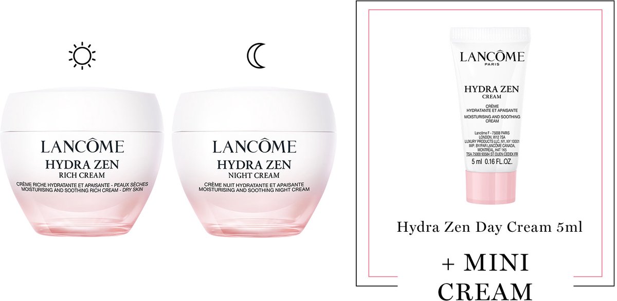 Lancôme Hydra Zen 2-Step Hydraterende Moisturizer Skincare Routine: Dagcreme | Nachtcreme + Cadeau - Hydra Zen Rich Cream Dagcreme 50ml & Hydra Zen Nachtcreme 50ml + Hydra Zen Dagcreme 5ml Cadeau