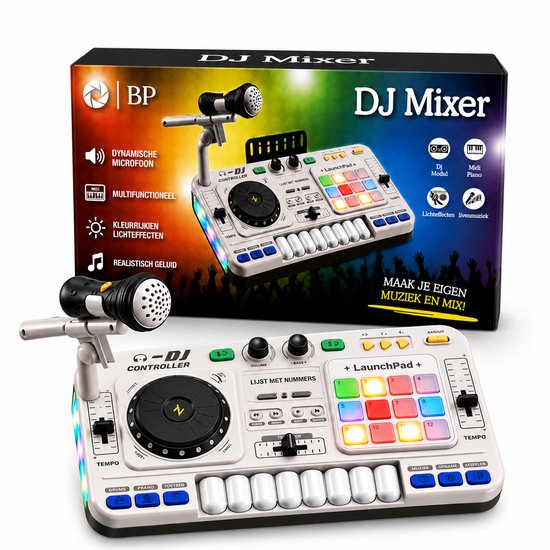 Witte DJ-mixer met microfoon en gekleurde verlichte knoppen, "DJ Mixer" en "+ LaunchPad +"