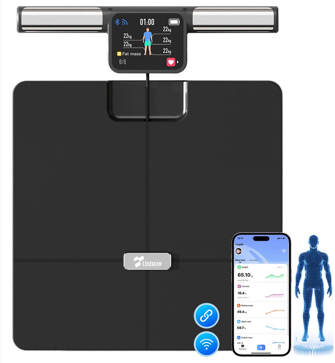 Körper-Analyse-Waage Fitness Körperfettwaage mit 8 sensoren,App-Steuerung,Bluetooth mit App zur Übertragung und Tracking der Messwerte, Smart Waage Personen, Körper & Viszeralfett, Muskelmasse, BMI & RMR,Tragkraft 180 kg.