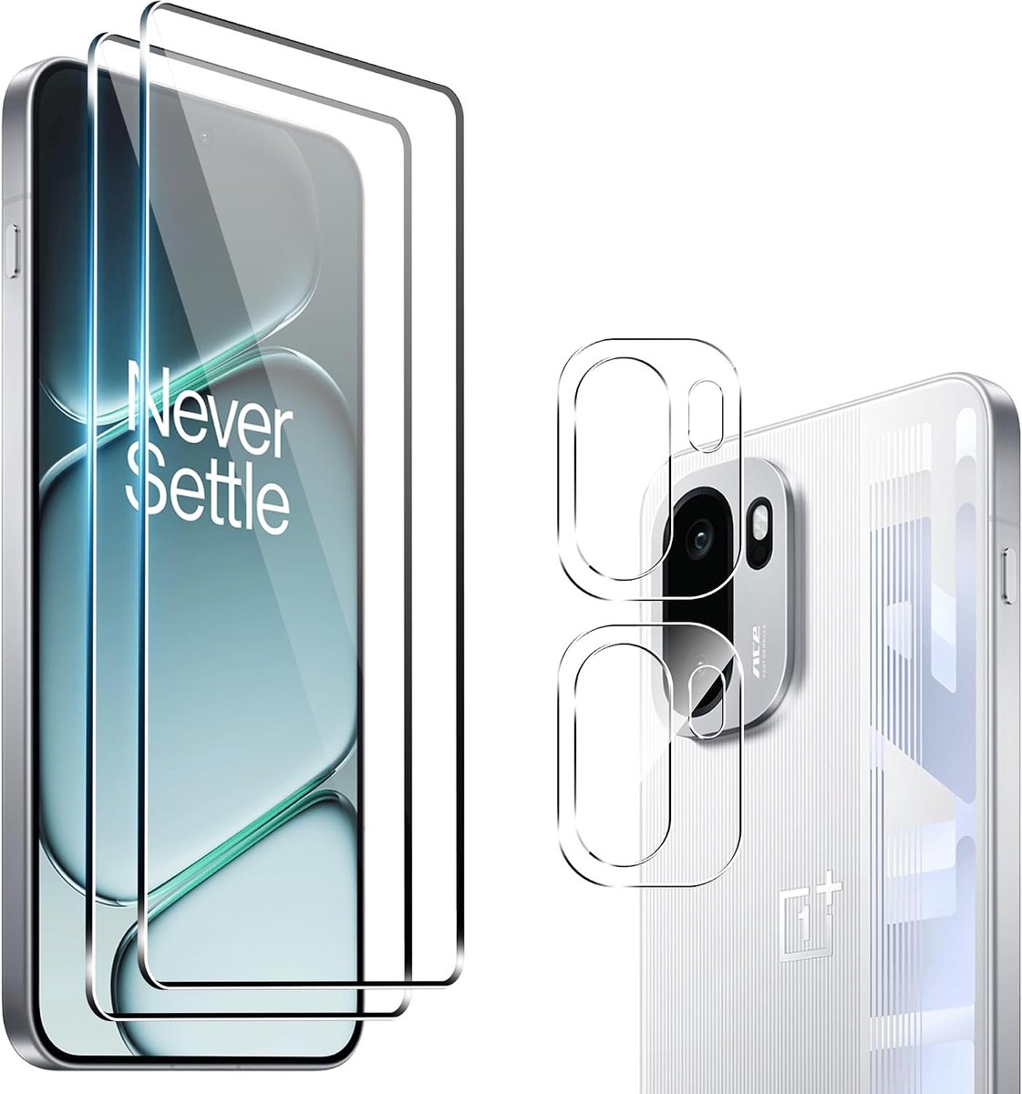 2 stuks gehard glas voor OnePlus 15R, [2 + 2 stuks] displaybeschermfolie en camera achteraan, hardheid 9H, zonder luchtbellen, ultra transparant, krasbestendig