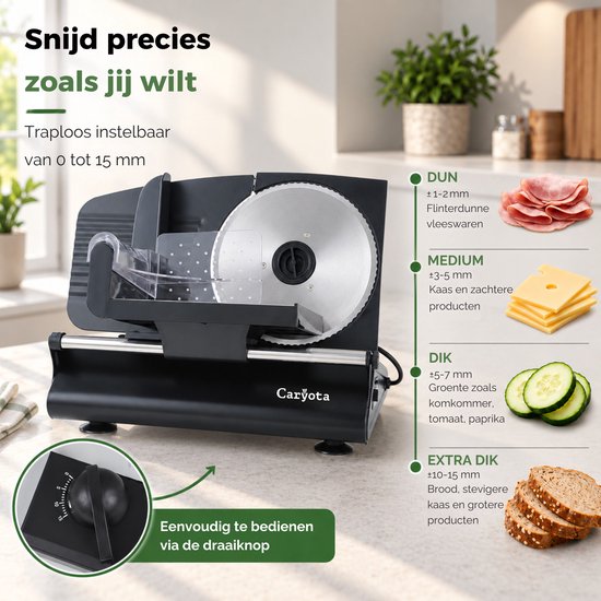 Caryota Snijmachine - Vleessnijmachine & Broodsnijmachine - 2 RVS Messen - 220W - 1-15 mm - Zwart van Caryota — afbeelding 3