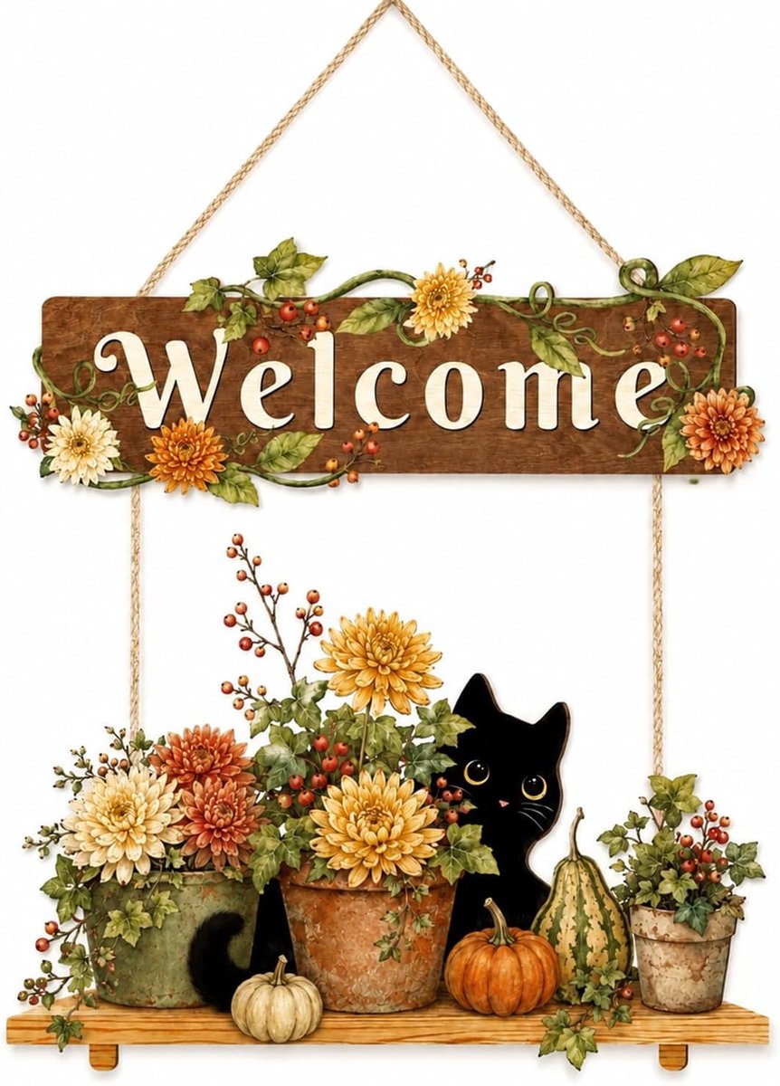 Deurbord Deurhanger van Weerbestendig MDF met Zwarte Kat Pompoen Chrysanten Veelzijdige Herfstdecoratie voor Voordeur Terras Tuin Oogstfeest Halloween Buiten