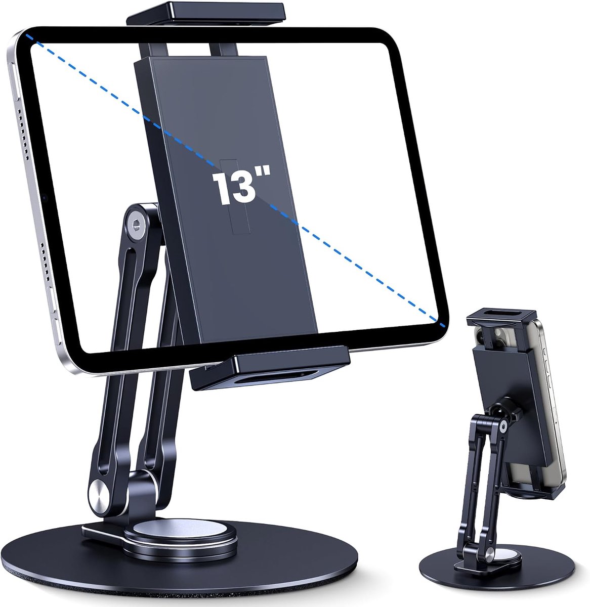 Tabletstandaard voor iPad, verstelbaar met 360° draaibare basis voor bureau, aluminium draaibare tabletstandaard compatibel met iPad Air, Mini, 10.2, 9.7, Pro 11/13 en meer