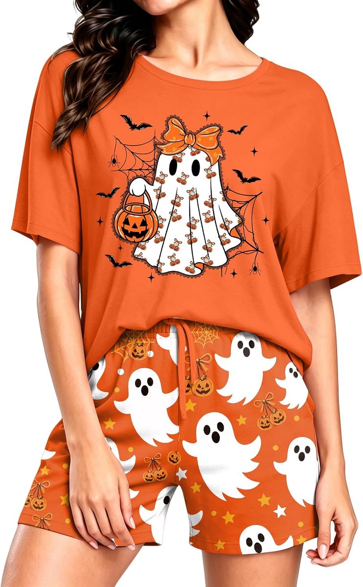 tiorhooe Halloween pyjama dames pompoen pyjama set korte mouwen tweedelig