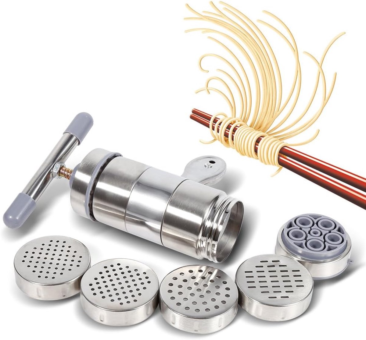 1 x pastamaker, roestvrij staal, Noddle Juicer, drukmachine, handbediend, met 5 vormkoppen