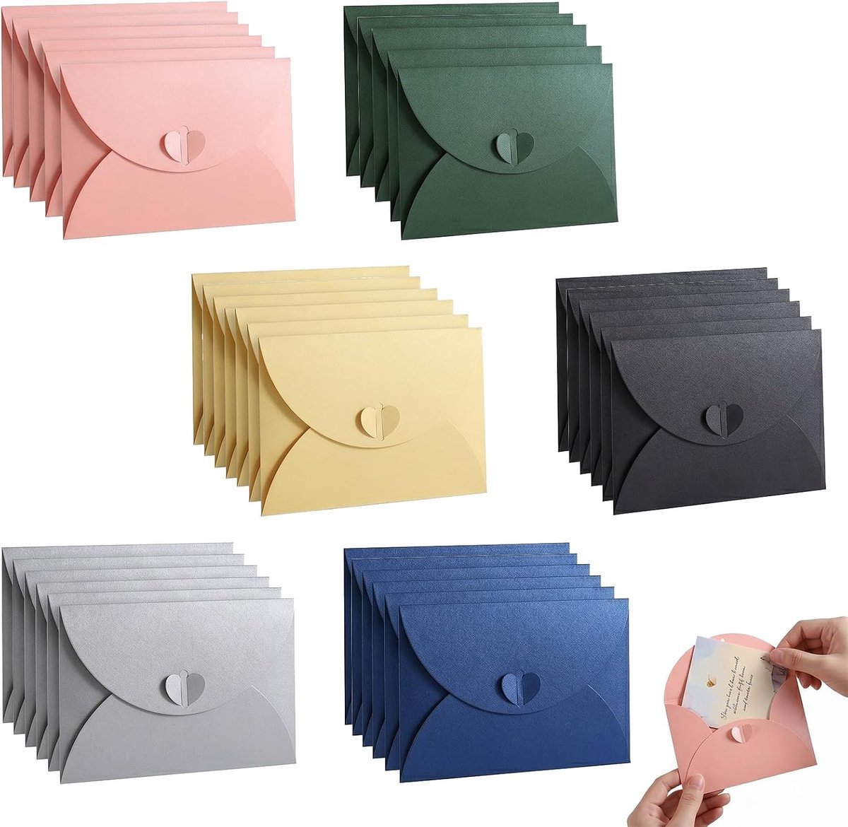 30 stuks mini-cadeauzakjes met hartsluiting, 6 verschillende kleuren, kleine parelglans-papieren enveloppen voor wenskaarten, bruiloft, uitnodigingen, visitekaartjes en geschenken, vintage stijl