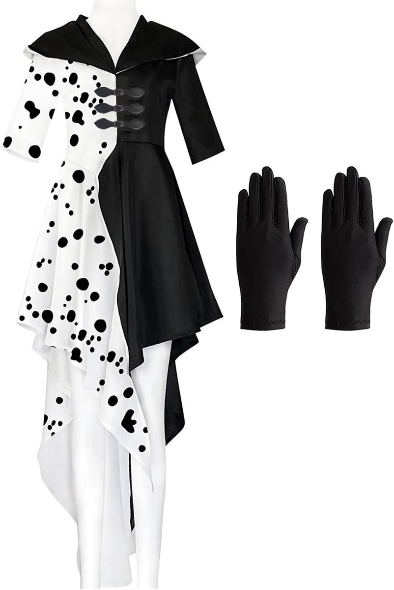 Cruella Deville dameskostuum: cosplay heksenjurk zwart witte Dalmatiërs jurk - voor carnaval party dress up