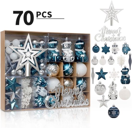 Kerstballen – Kerstornamenten Set - 70 stuks - Blauw & wit & zilver - onbreekbaar kunststof - kerstboomhangers - decoratie voor thuis en feestjes