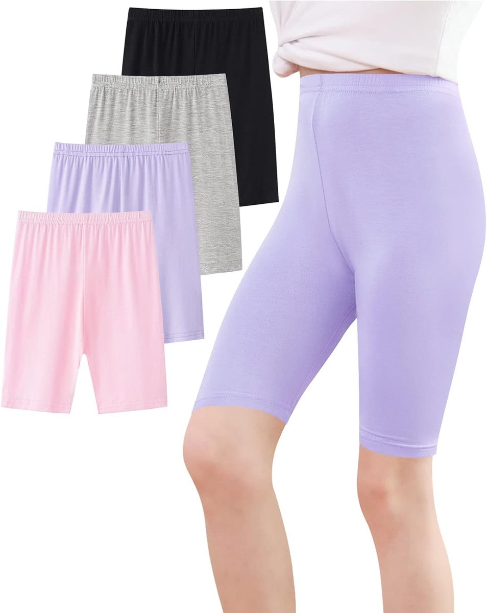 Meisjes Korte Legging Fietsen Zomer Effen Set van 4 Zwart, Grijs, Roze, Paars 9-10 Jaar (Grootte Fabrikant: 150)