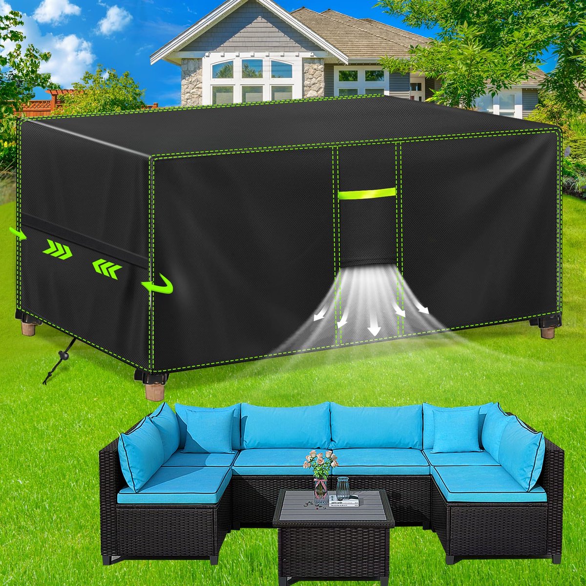 Famanu Waterdichte Tuinmeubelhoes, Winterbestendige Beschermhoes voor Tuinmeubelen, 420D Oxford Zeil voor Tuintafels en Terrasmeubelen, Rechthoekige Tafelhoes voor Tuinmeubelen 270x180x89cm wit