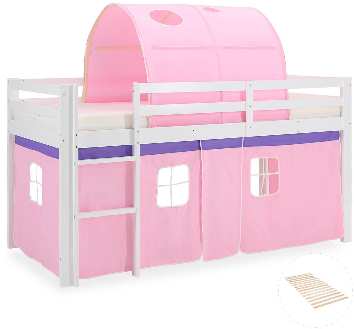 Homestyle4u Hoogslaper - 90x200 cm - wit/roze - met lattenbodem - tunnel