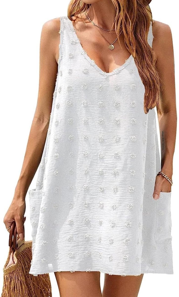 Strandjurk Voor Dames V Hals Zomerjurk Mouwloze Strand Jurk Losse Mini Casual Vakantiejurk Luchtige Cover Up Tuniek Jurk Met Zakken Voor Strand Vakantie
