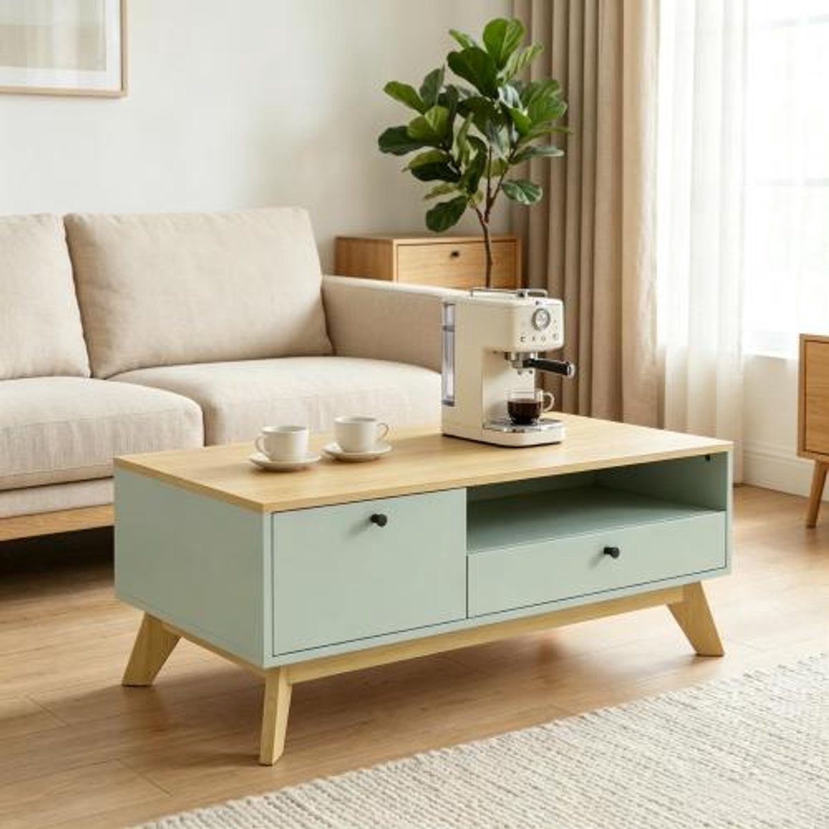 Rechthoekige salontafel met lade - Salontafel met open vak en deur - Magneetsluiting - Verhoogde basis - Woonkamer - 100x50x40 cm - Lichtgroen en eiken