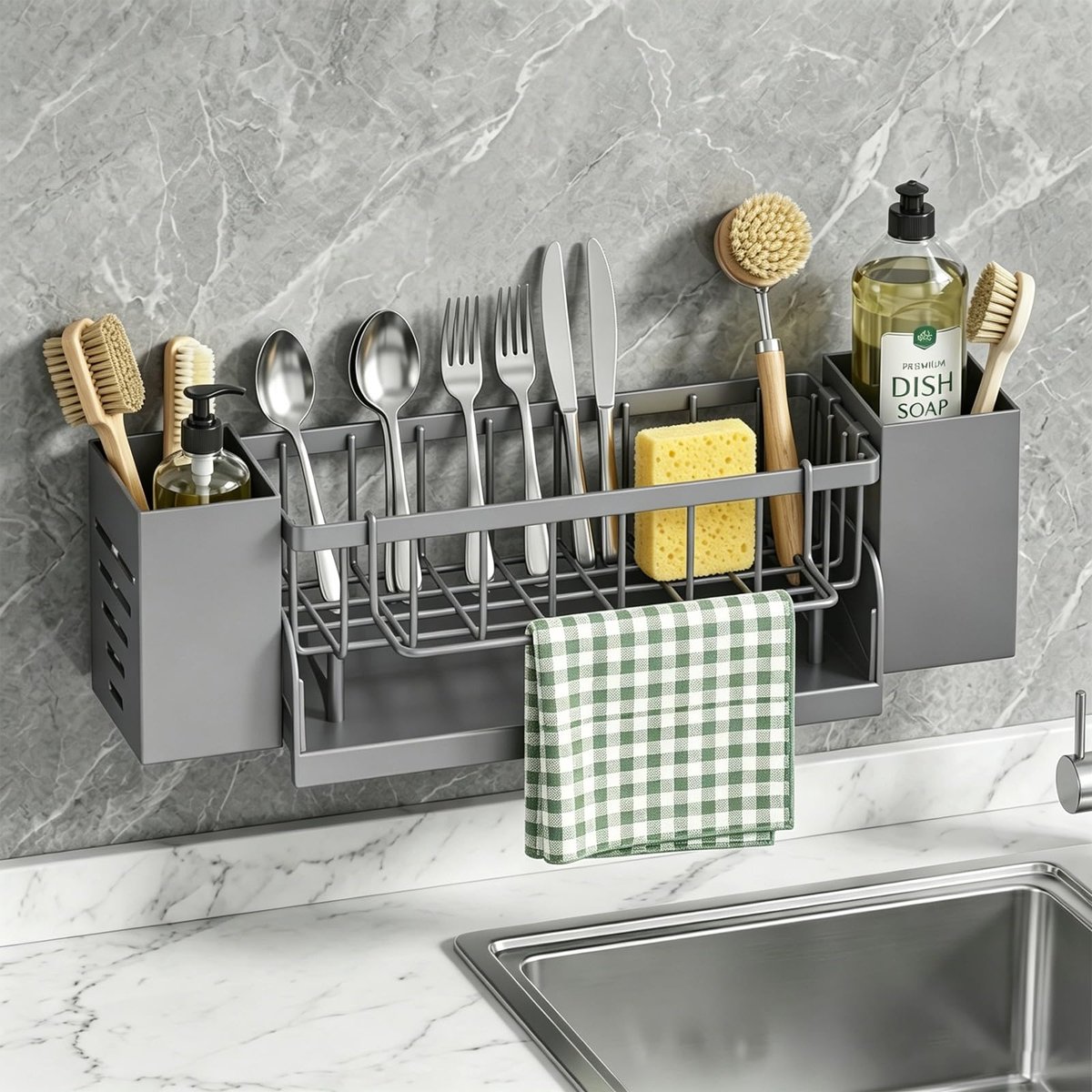 Famanu – Spoelbakorganizer, keuken, sponshouder, grijs, stansvrije keukenwandopslag, roestvrijstalen wastafelplank met zelfafvoerbak, afwasspons, spoeldoekhouder voor badkamer en keuken