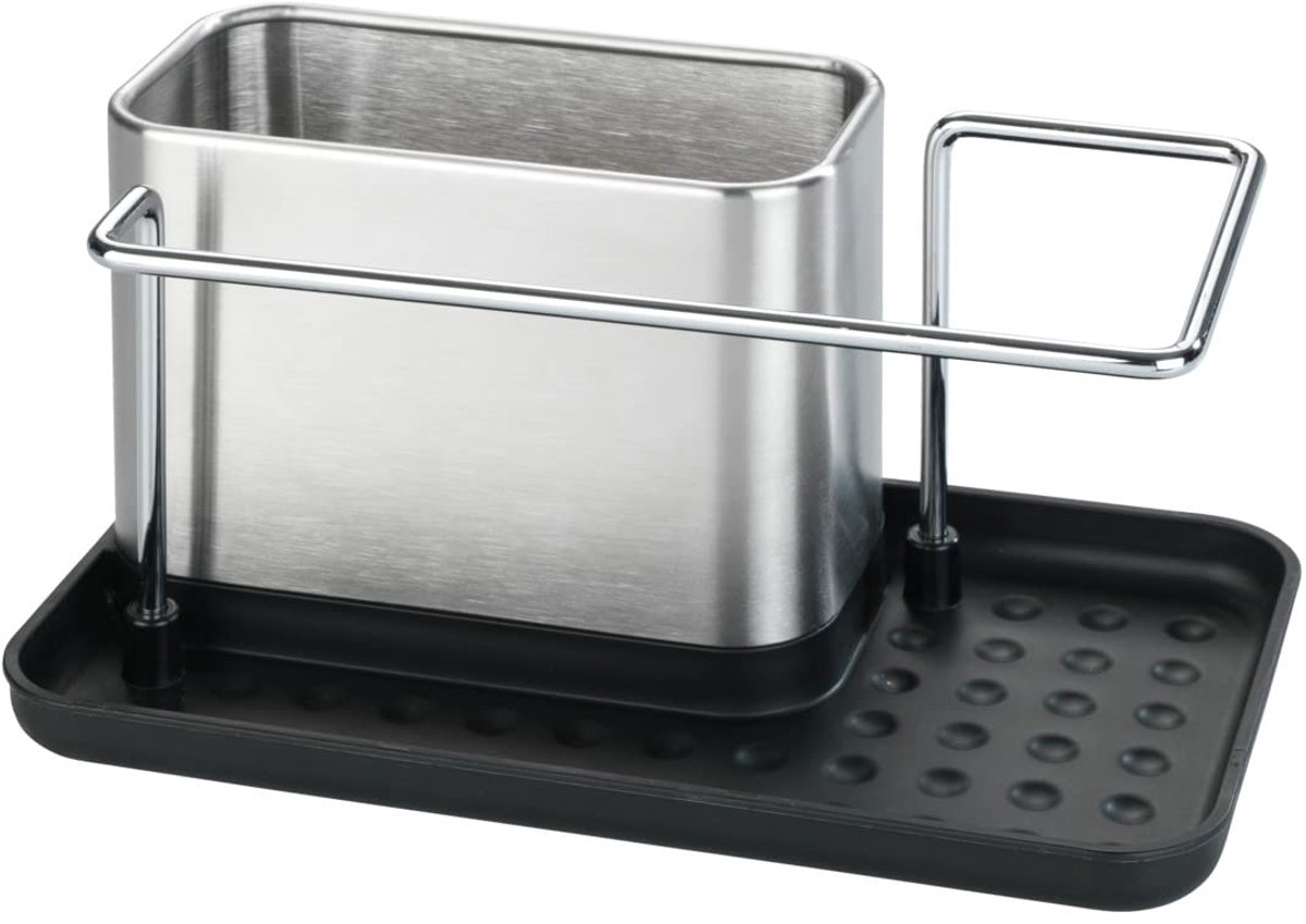 Famanu – Afwasbakorganizer, van roestvrij staal, met opbergruimte voor afwasmiddel, vaatdoek, spons, 21 x 10,5 x 12 cm, mat zilver