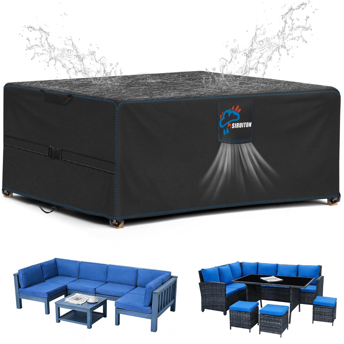 Famanu Afdekking voor rechthoekige tuinmeubelen, waterdicht, voor tuintafels, zitmeubelen en meubelsets, stofdicht, outdoor, zwart, zwart, 200x160x70cm