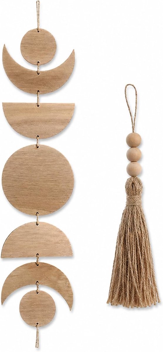 1 set zon maan houten hangdecoratie met jute lint – 7 stuks houten ornamenten, boho wanddecoratie van hout, voor woonkamer, slaapkamer, raam, café, als cadeau