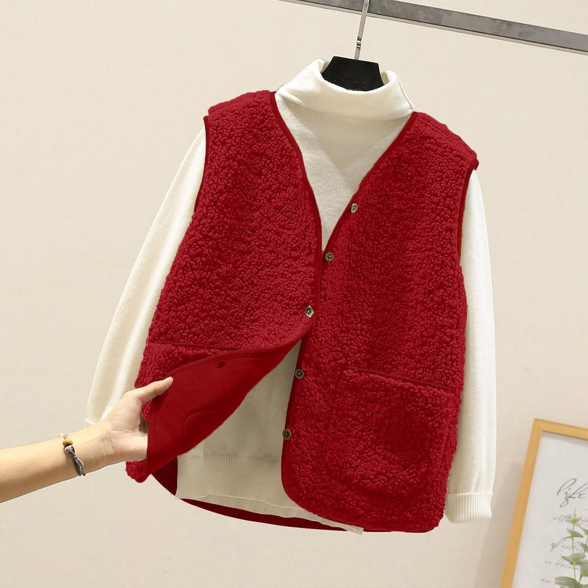 Teddy Fleece Weste Damen Winter Warm Ärmellos Fellweste Kurz V-Ausschnitt Teddyfleece Jacke Locker Komfortabel Weste mit Knöpfen Warm Teddyweste Outdoor Winterjacke Plüschweste Damen Übergangsjacke