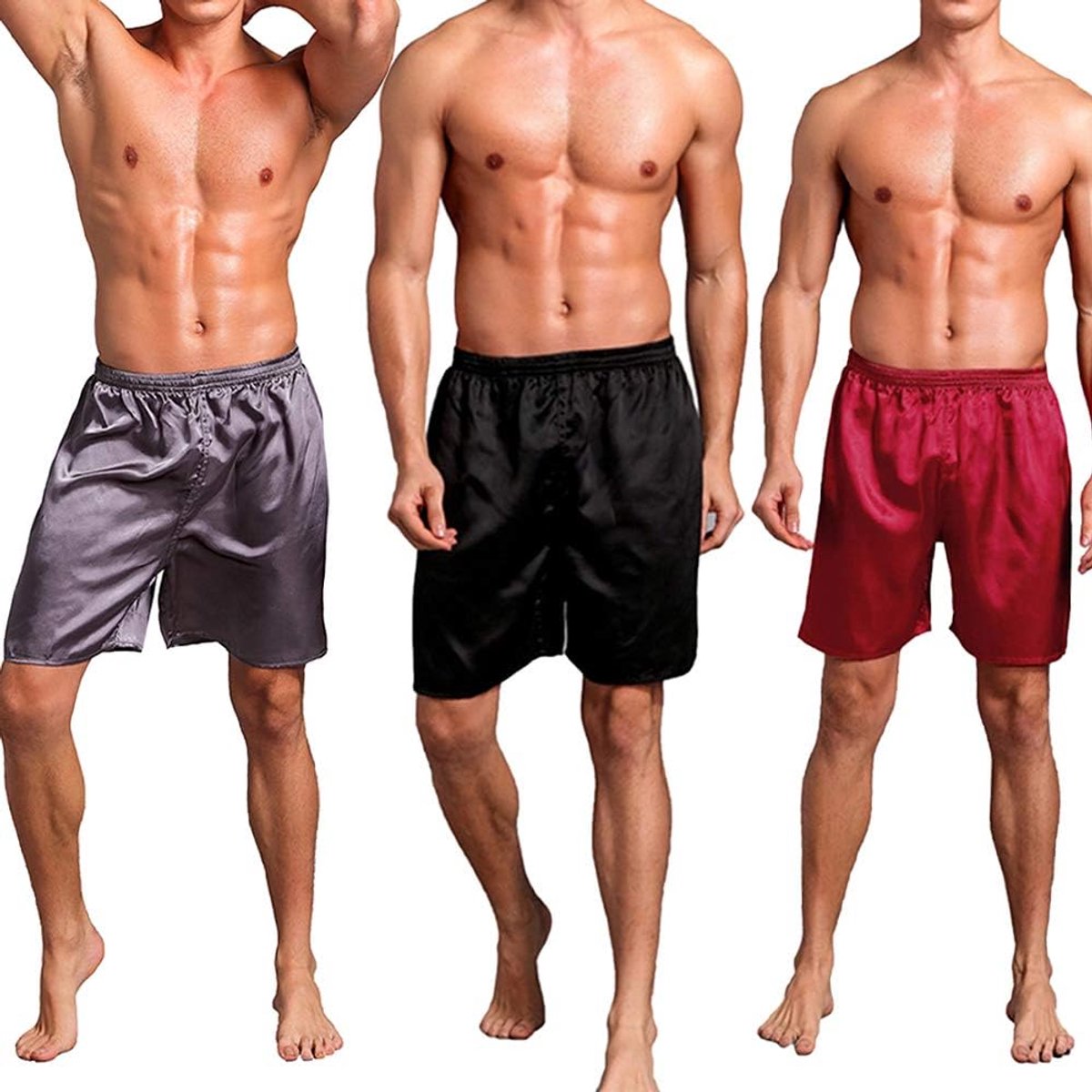 Pyjamabroek voor heren, nachtkleding voor heren, sexy boxershorts, casual shorts, elastische tailleband, zwart, rood, grijs, set van 2, 3 stuks
