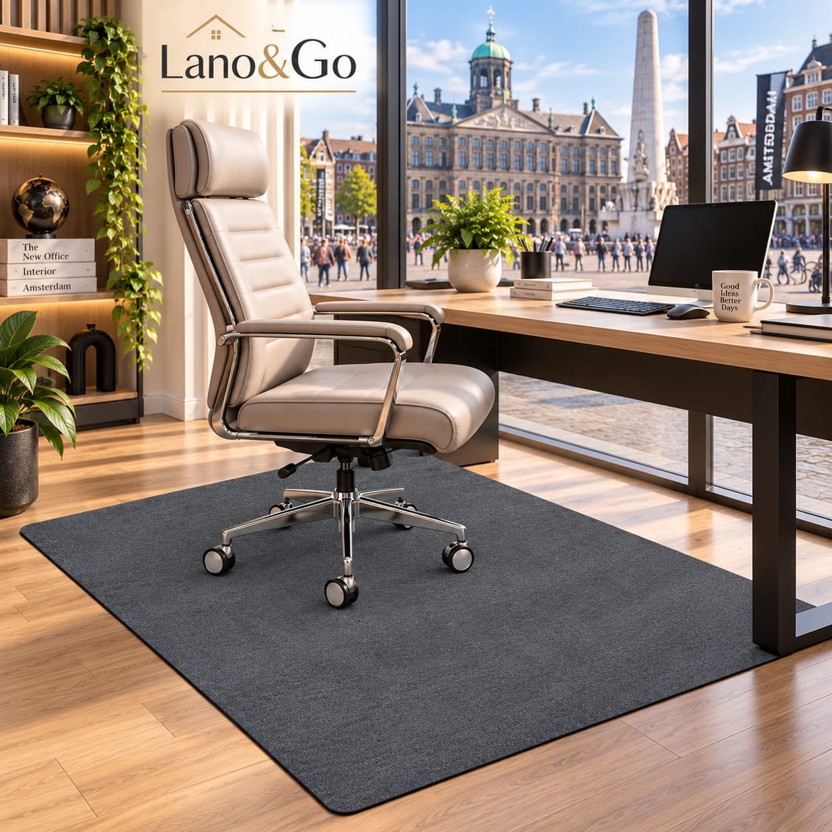 Lano&Go Bureaustoelmat 90x120 cm donkergrijs vilten onderlegger met antislip