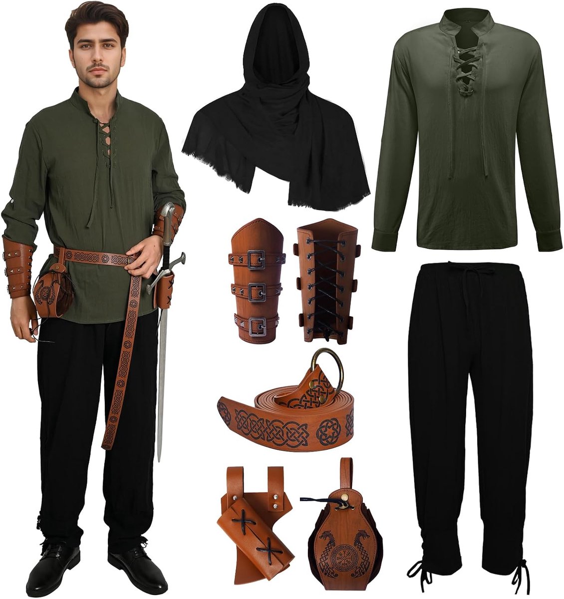 Renaissance-kostuum voor heren, Viking-kostuum, veterhemd, herenbroek met accessoires, Halloween-kostuum voor cosplay, maskerade, tovenaar