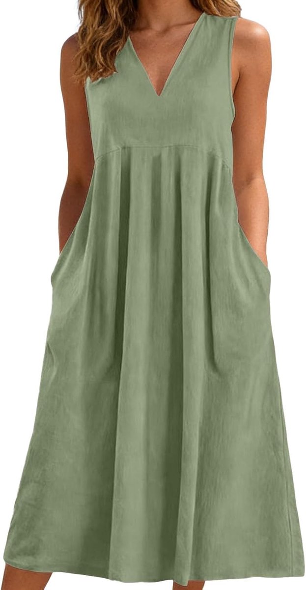 Leinenkleider Damen Sommer Midi Sommerkleid Leinen V-Ausschnitt | Trägerkleid Ärmellose Baumwollkleid Leicht und Luftig Freizeitkleid mit Taschen