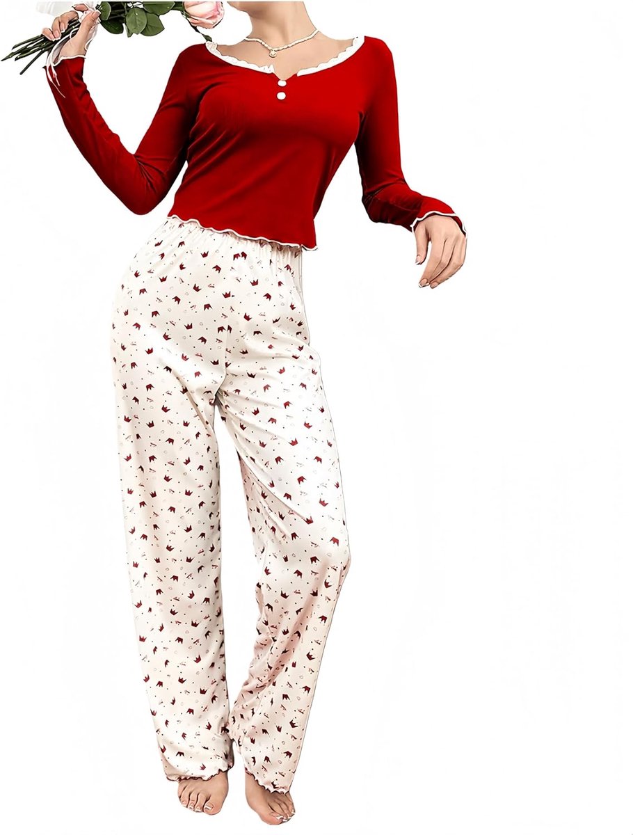 Pyjama dames pyjama broek ronde kraag lange mouwen T-shirt zomer casual nachtkleding loungewear pyjama dames lange mouwen pyjama set nachtkleding pyjamabroek zomer lang vrijetijdspak