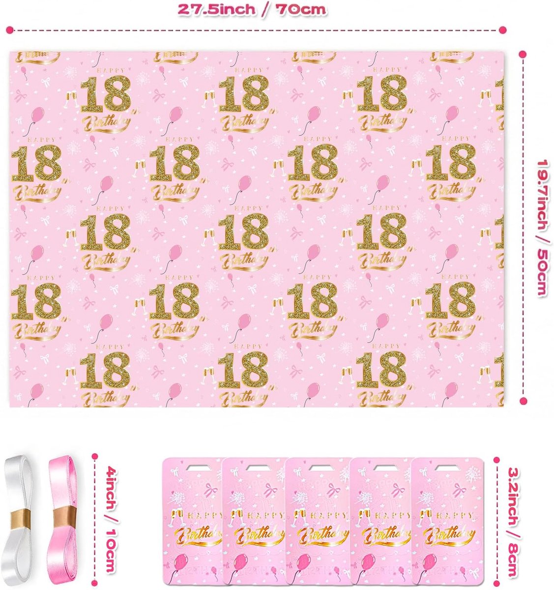 Cadeaupapier, 18 jaar, cadeaupapier, verjaardag, roségoud, geschenkverpakking, roze, luxe cadeaupapier, voor jonge dames, dames, 5 vellen, dik cadeaupapier, voor verjaardagscadeau