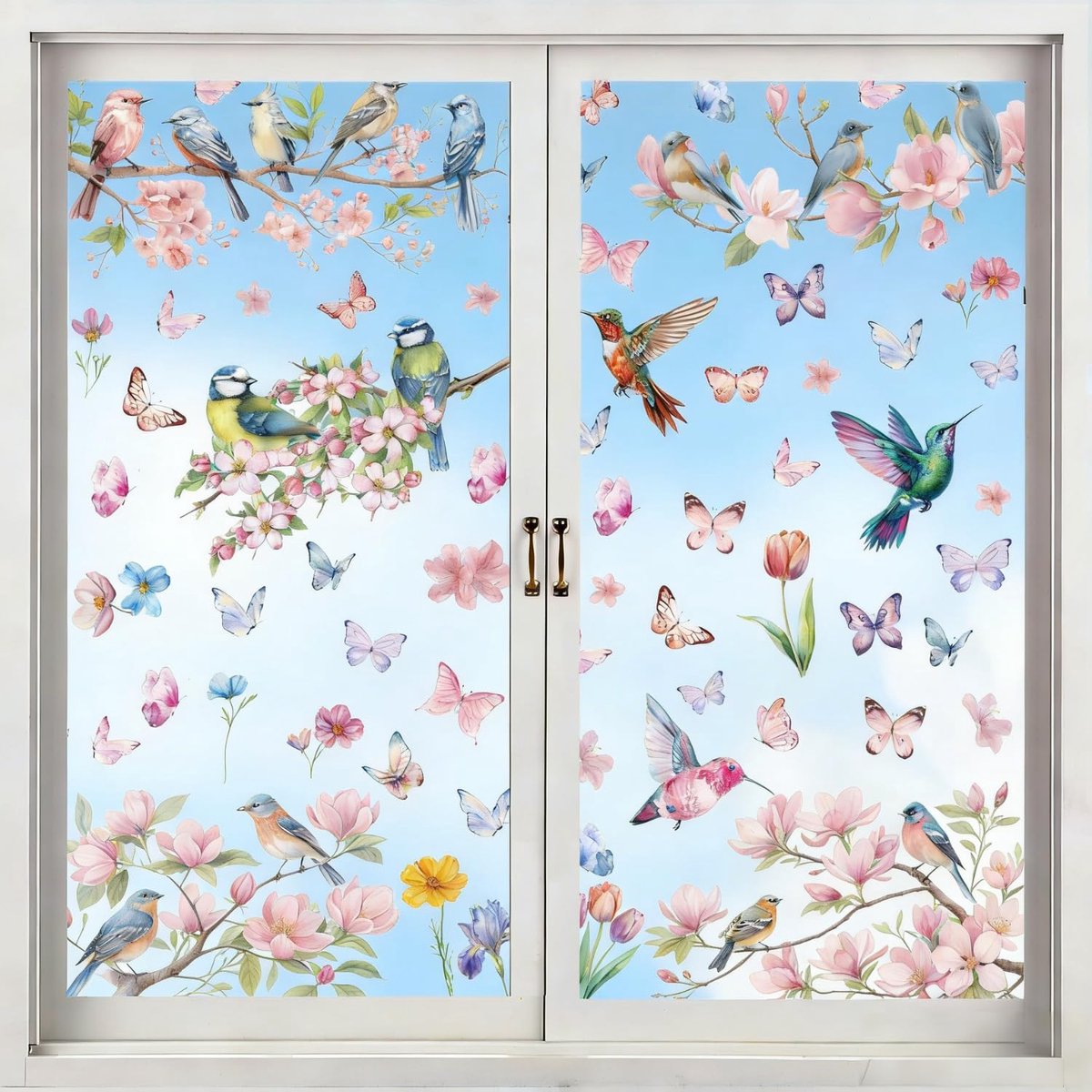 Raamstickers lente, raamafbeeldingen, bloemen, vogel voor glas, herbruikbare raamstickers met perzikbloesem, magnolia, gandeliefjes