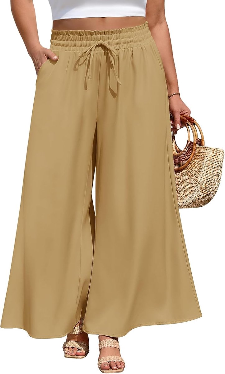 Zomerbroek voor dames, licht, grote maten, wijde pijpen, elastisch, hoge taille, vrijetijdsbroek, lang, elegant, palazzo broek, comfortabele baggy stoffen broek met zakken en trekkoord