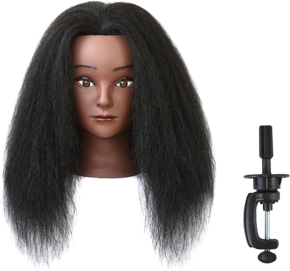 Mannequin Head 100% Echt Haar cosmetologie pop hoofd Training Head Afro Haar Mannequin Hoofd Praktijk Kappershoofd met Standaard (14 inch Zwart)