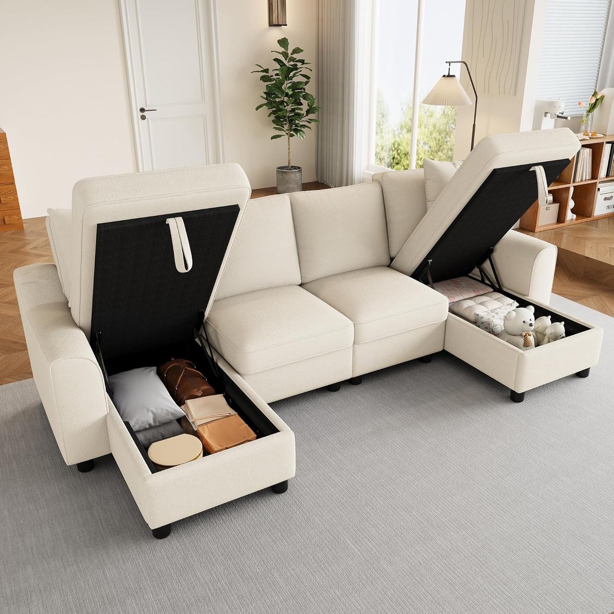 Hoekbank van chenille in U-vorm met opbergruimte, 2 chaise longue en 2 kussens, modulaire bank voor woonkamer, beige, 280 x 137 x 84 cm, beige, 4-zits