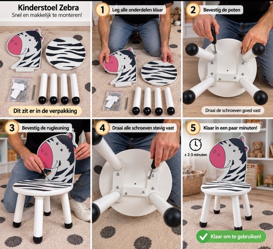 BDGoods® - Peuterstoeltje Hout - Zebra - Kleuterstoel - Kinderstoel 2-4 Jaar - Peuterkamer Accessoires van Bdgoods — afbeelding 4