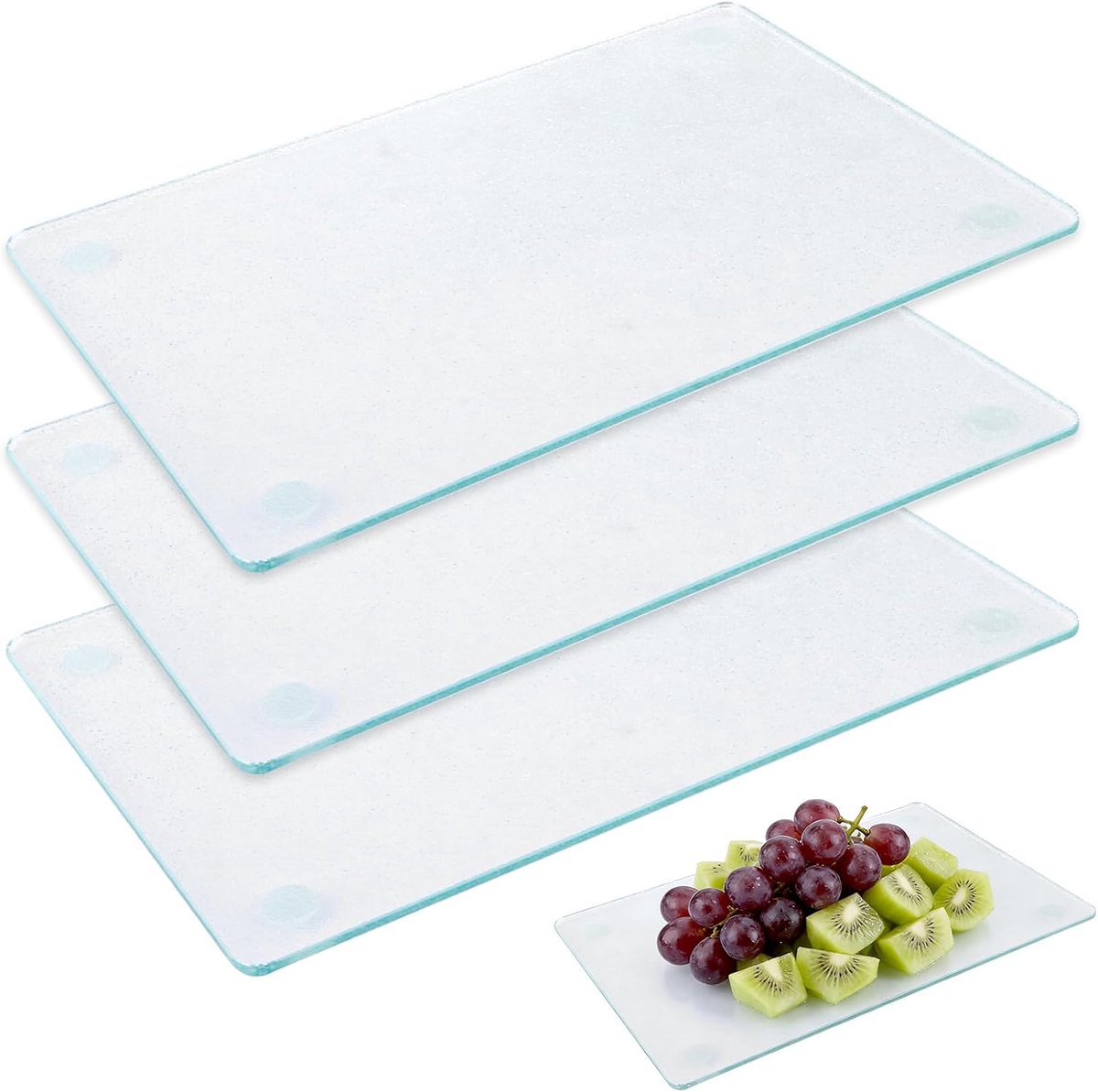 3 stuks glazen snijplanken, 30 x 20 cm, snijplanken, glas, hoogwaardig, 4 mm dikke geharde snijplank, glas met antislip voeten, voor keuken, vlees en groenten