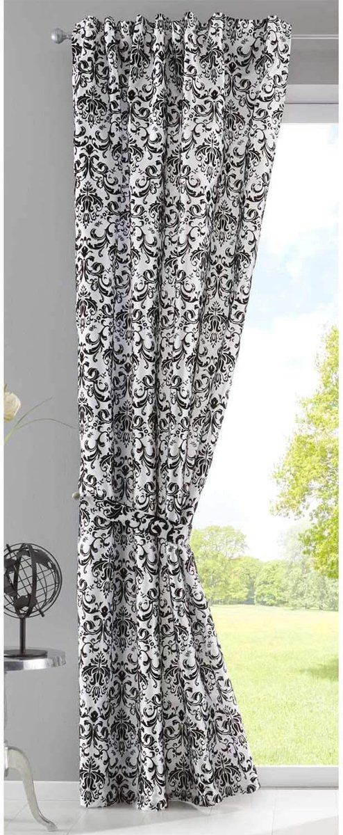 Gordijn, wizijde optiek, barok, ondoorzichtig, vlokvezels, decoratief patroon, ondoorzichtig met verborgen lusband, HxB 245x140 cm, wit/zwart, 20200
