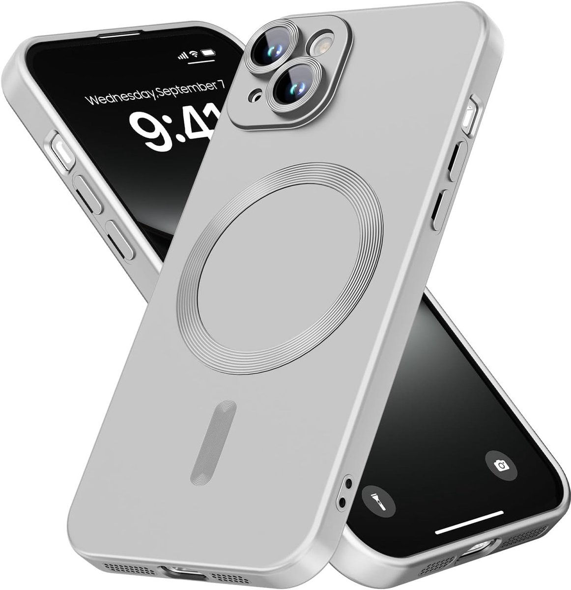 beschermhoes voor iPhone 15, compatibel met MagSafe, geïntegreerde lensbescherming, dun en zacht, schokbestendig, met metallic glans(zilver)