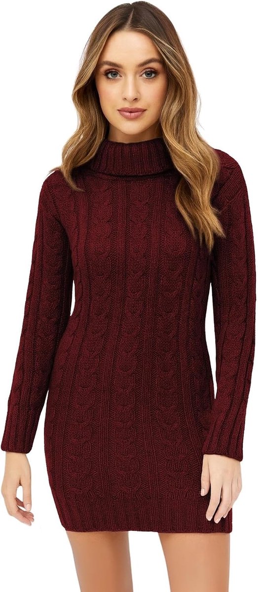 Dames Cowl Polo Neck Kabel Gebreide Jumper Bodycon Tuniek Mini Jurk, Wijn, 46/48 NL