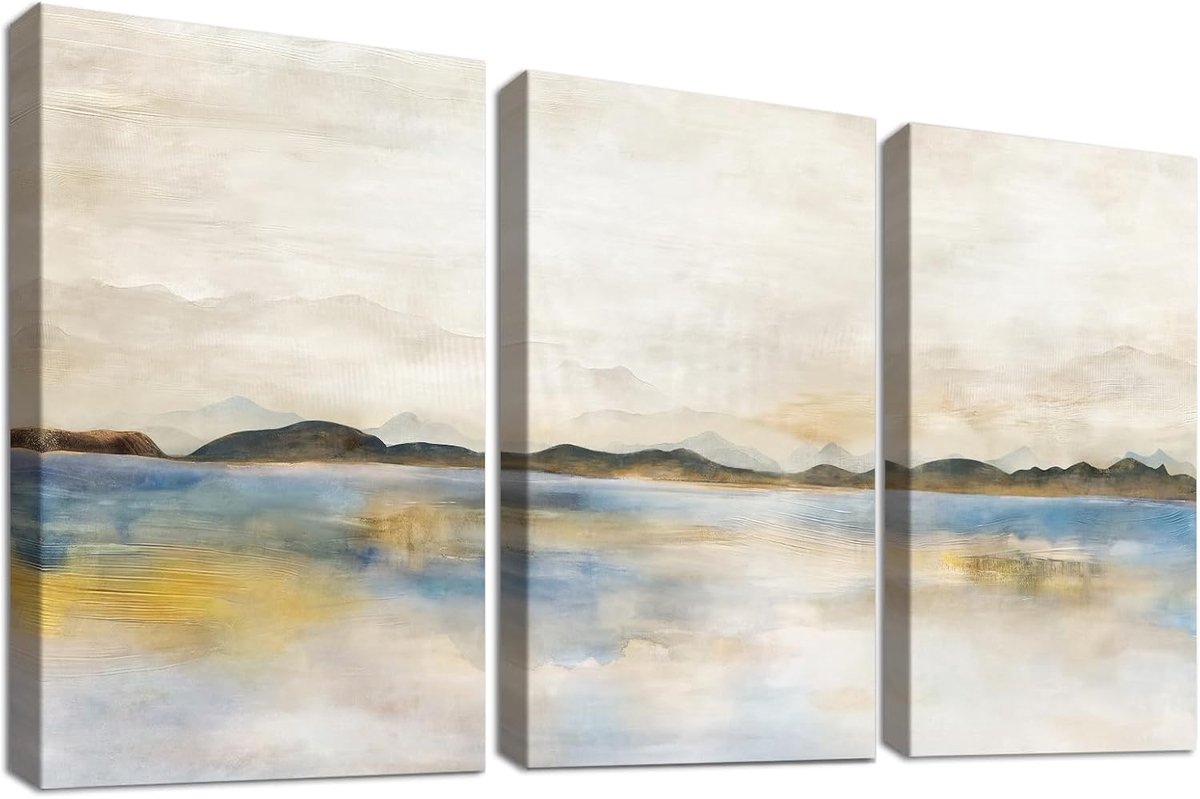 3 Stuks Canvas Print Met Frame Aquarel Geel Blauw Grijs Pastel Neutraal Schilderij Landschap Berg Canvas Foto's Abstracte Moderne Foto's Woonkamer Slaapkamer Wanddecoratie 30 x 40 cm x3