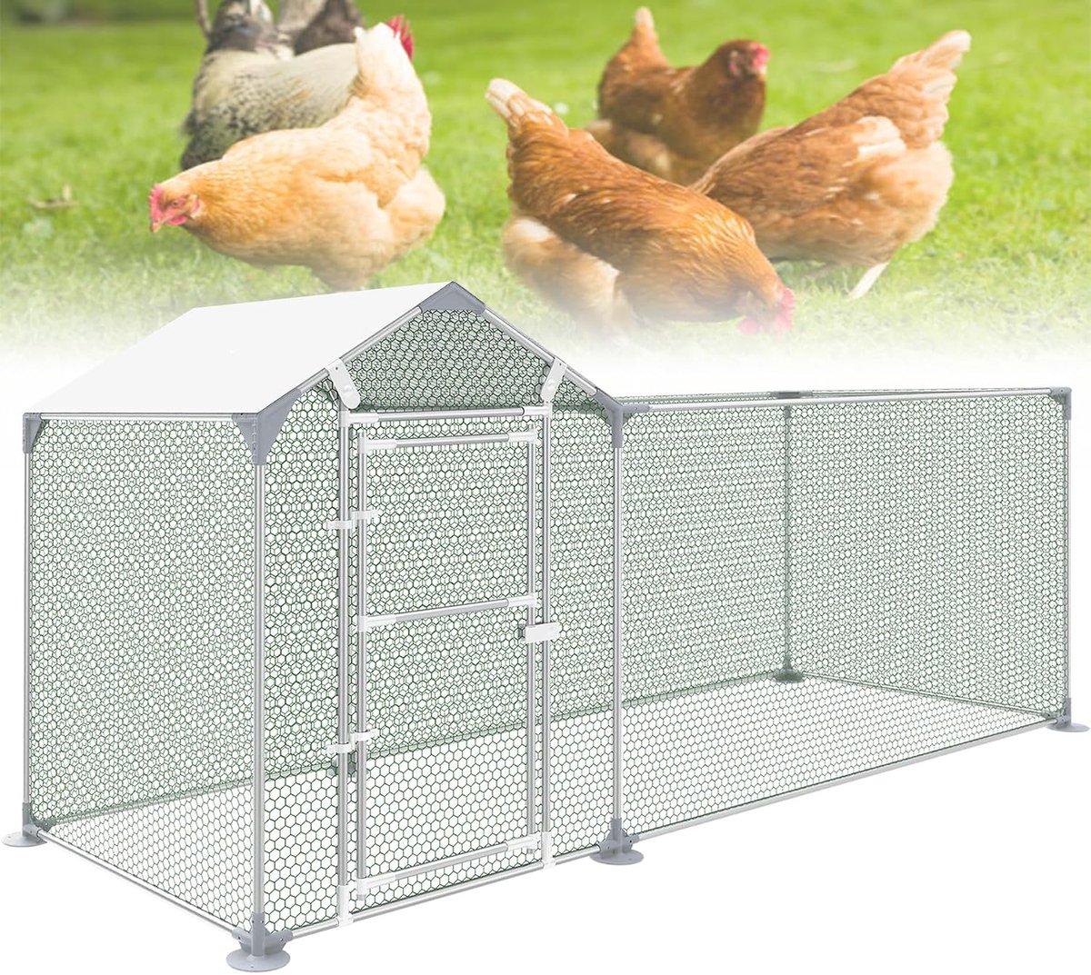 Buitenren van verzinkt staal, 3 x 1 x 1,5 m, kippenhok met zonnebescherming, dak, kippenkooi, buitenren voor kippen, kleine dieren, gevogelte, konijnen