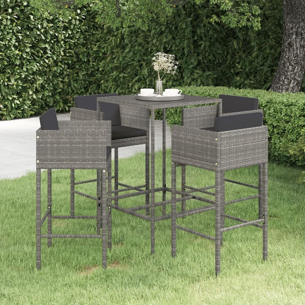Tuinbarset van staal en polyrotan en glas, set voor de tuin van polyrotan en stoelen, van staal, tafel en stoelen met armleuningen van staal voor buiten