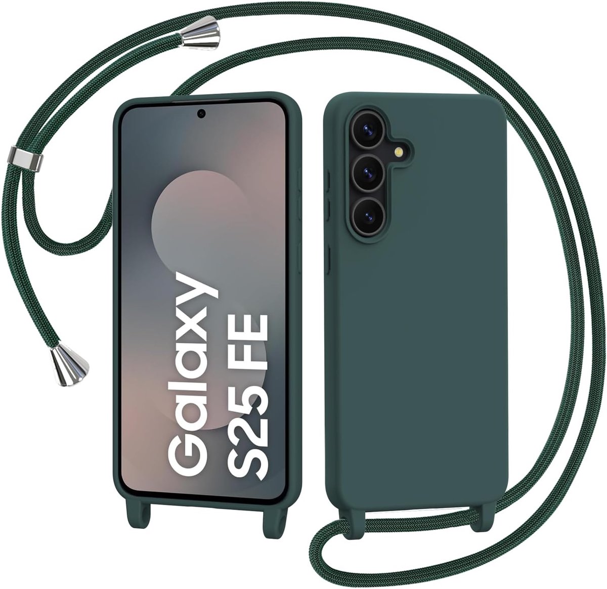 Telefoonhoes voor Samsung Galaxy S25 FE, hoes met koord, mobiele telefoonketting om op te hangen, beschermhoes met kettingkoord, zachte TPU vloeibare siliconen hoes, groen