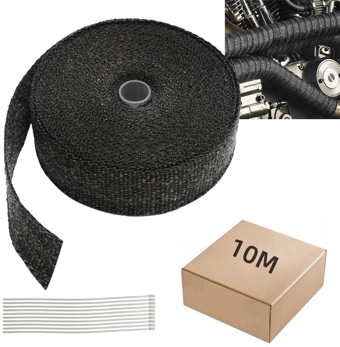 10 m x 5 cm hittebeschermingsband, uitlaat, afdichtband met 10 stuks roestvrijstalen kabelbinders, uitlaatband, hittebestendig tot 600 °C, hitteband voor motorfiets, auto, waaierspruitstukken,