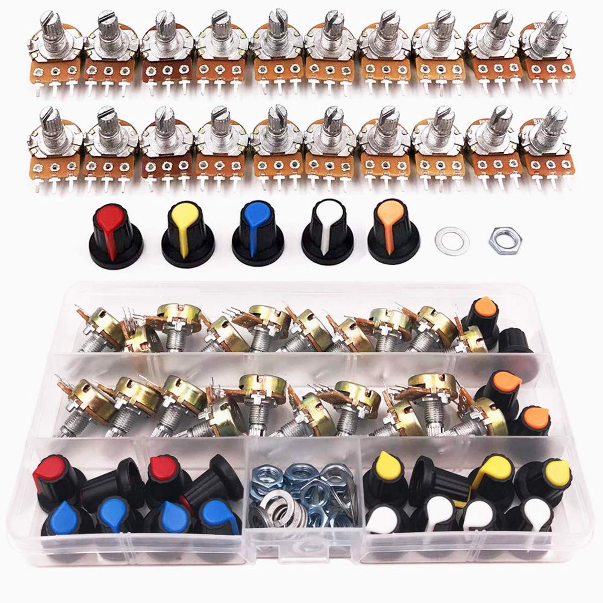 Lineaire Potentiometer 10 Stuks - B5K B10K B20K B50K B100K Ohm - Conische Schacht - Inclusief Knoppen en Moeren