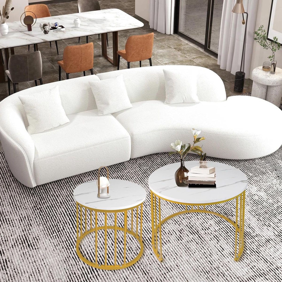 Marmerlook - bijzettafel voor woonkamer - diameter 40 + 60 cm - groot rond - MDF - voor woonkamer, slaapkamer, balkon - (60 x 60 x 45 cm + 40 x 40 x 38 cm) wit en goud
