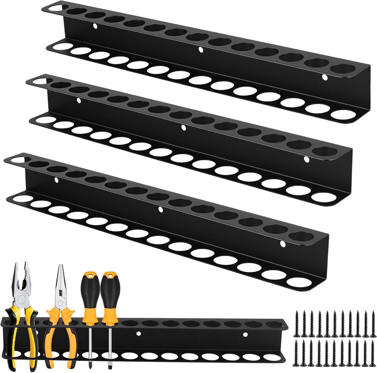 4 stuks gereedschapshouders, wandtanghouders, 40,2 x 4,1 x 4,8 cm, 14 gaten, stalen gereedschapsorganizer, zwart, voor werkplaats en garage