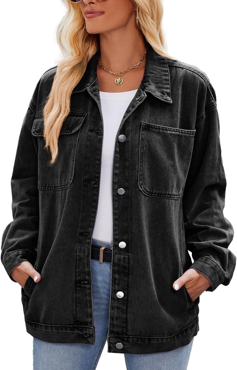 Retro casual denim jas oversized knoop top lange mouwen losse revers gewassen denim shacket mantel mantel