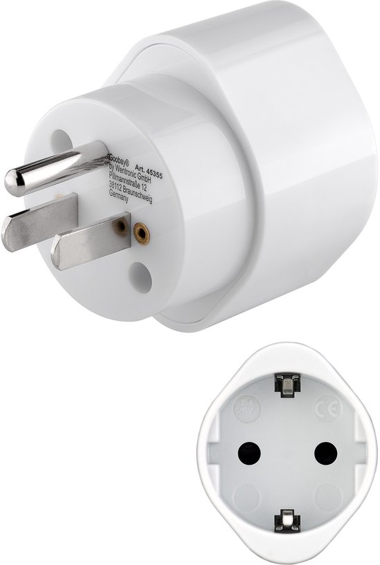 Witte reisadapter van Goobay, type VS/Japan naar Europa. Met randaarde.