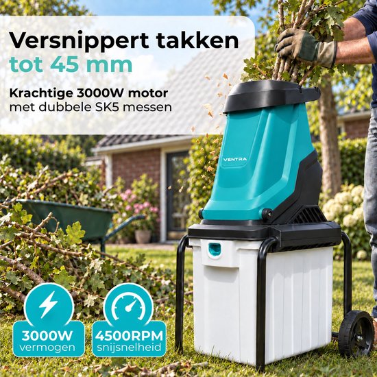 VENTRA® Hakselaar/Shredder 2800W - Voor takken tot Ø45mm - Incl. 55L opvangbak & duwstok van Merkloos	 — afbeelding 2